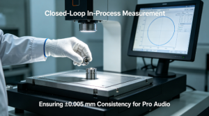 CMM in-process measurement of a CNC turned metal audio component to verify roundness and dimensional tolerances