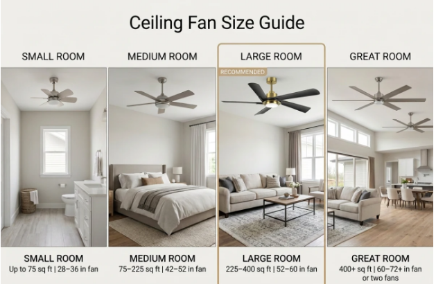Large room ceiling fan size guide using Breezary 30044-GB 60-inch ceiling fan