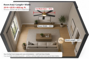 20x20 room ceiling fan size diagram with Breezary 30044-GB 60-inch fan